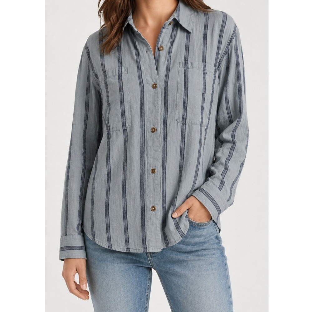 Free People Womens XS Striped Button Down Shirt Cotton Gauze Lightweight Blue
